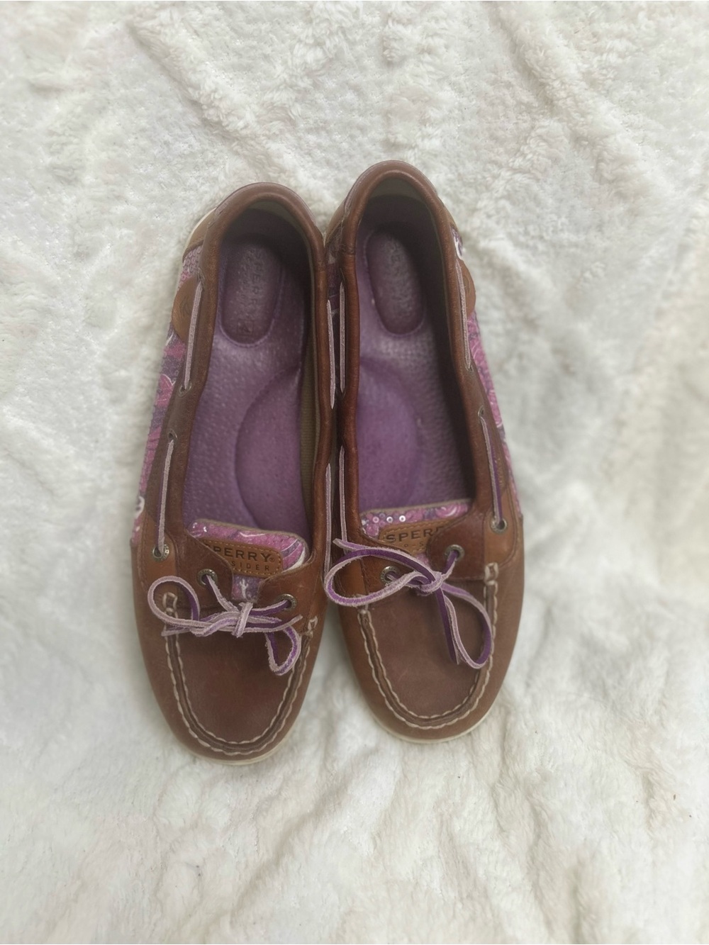 Sperry Women’s Brown Leather w/ Purple/Pink Sequin Accent Boat Shoes